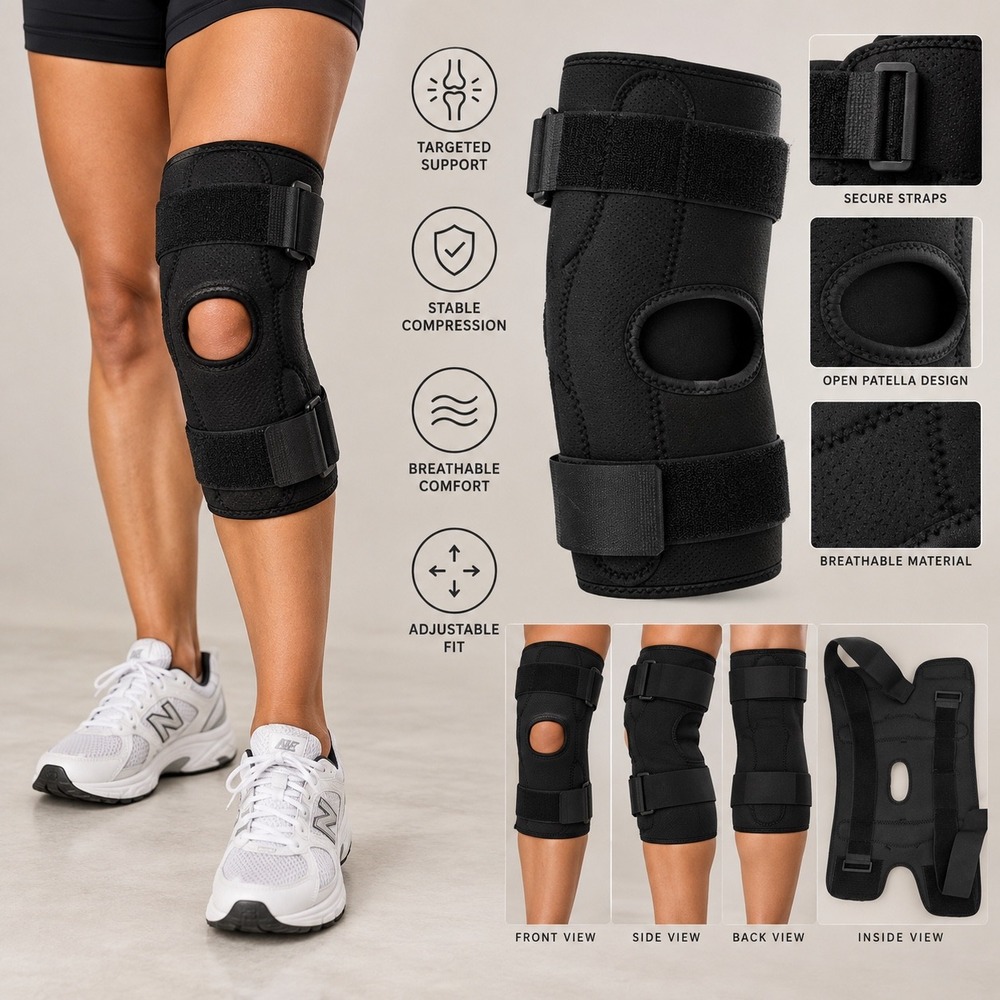 Adjustbl Open Patella Knee Brace Compression Support Strap Black ORT23320LD X001